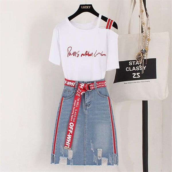 

runway new summer office women denim skirt suit embroidery letter slash neck t-shirt +sashes tassel jean skirt 2 piece set1, White