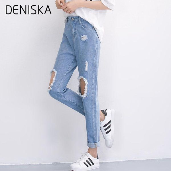 

deniska 2018 spring new blue knee ripped skinny ankle length pants women fashion denim trousers high waist button jeans1