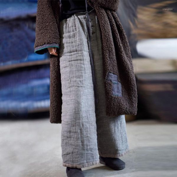 

johnature women thick warm wide leg pants elastic waist gray original vintage cotton linen trouser 2020 winter new casual pants1, Black;white
