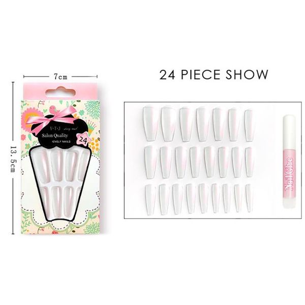 

24pcs aurora ballet long french fake nails full cover nail art false nails glue, Red;gold