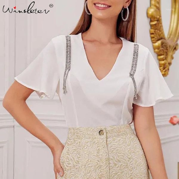 

new 2020 white blouse women v-neck beading pullover flare short sleeve back zipper shirt female ropa mujer t03002w1