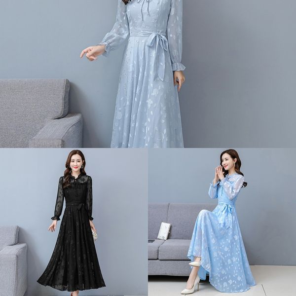 

8jki0 new autumn jacquardlace new with collar hollow sleeve jacquard chiffon lotus long up jacquard2020 autumn dress jacquardlace jacquard20, Black;gray