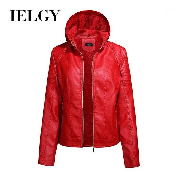 

ielgy slim leather jacket women casual plus velvet fashion wild hooded solid color coat long sleeve1, Black