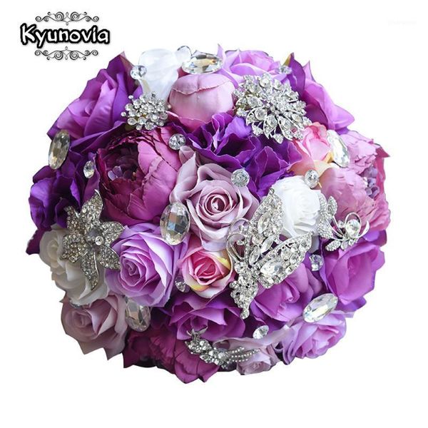 

decorative flowers & wreaths kyunovia silk wedding flower artificial rose bouquet bridesmaid bouquets roses 3pcs set purple accent brooch br