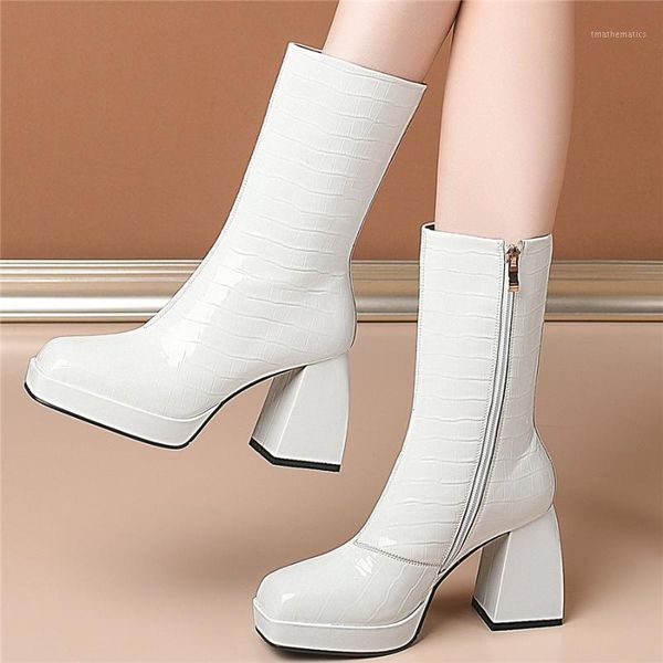 

winter warm punk shoes women genuine leather chunky high heels motorcycle boots female high square toe platform pumps shoes1, Black