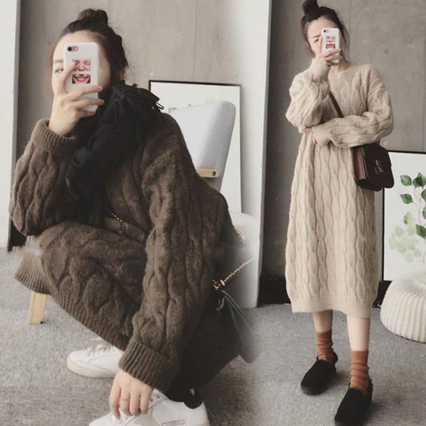 

autumn and winter new women's knitted a-type dress round neck sweater dress ladies plus size long sleeve bottoming, White