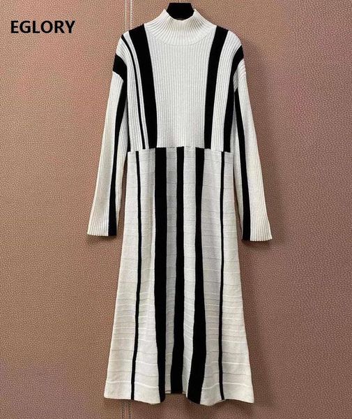 

turtleneck sweater dress 2020 autumn winter knitwear women striped patterns knitting long sleeve mid-calf length dress knitted, Black;gray