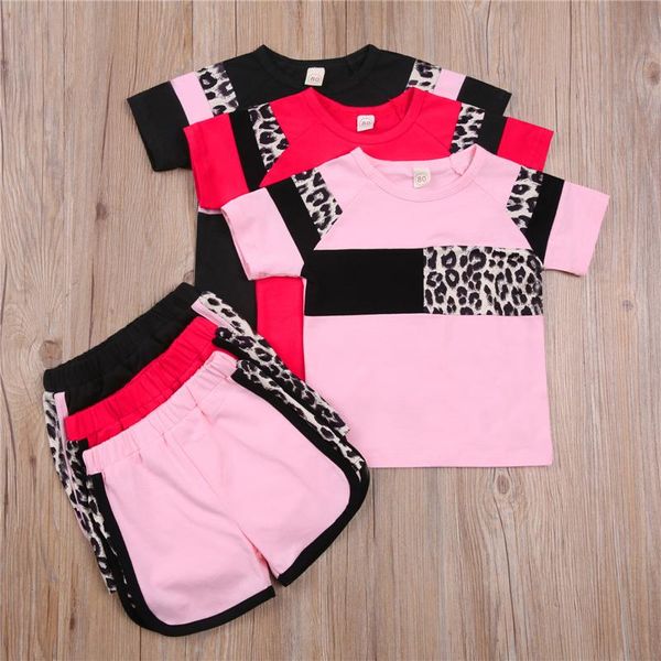 

2021 fashion children toddler baby girls clothes sets leopard patchwork short sleeve shorts 2pcs sports outfit summer set, White