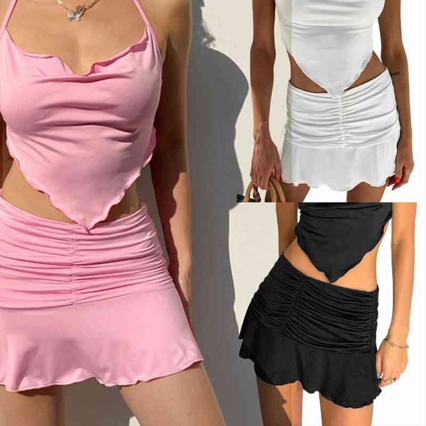 

women casual pleated hem skirt elastic waist short skirt black white pink style summer trendy y2k 90s mini woman
