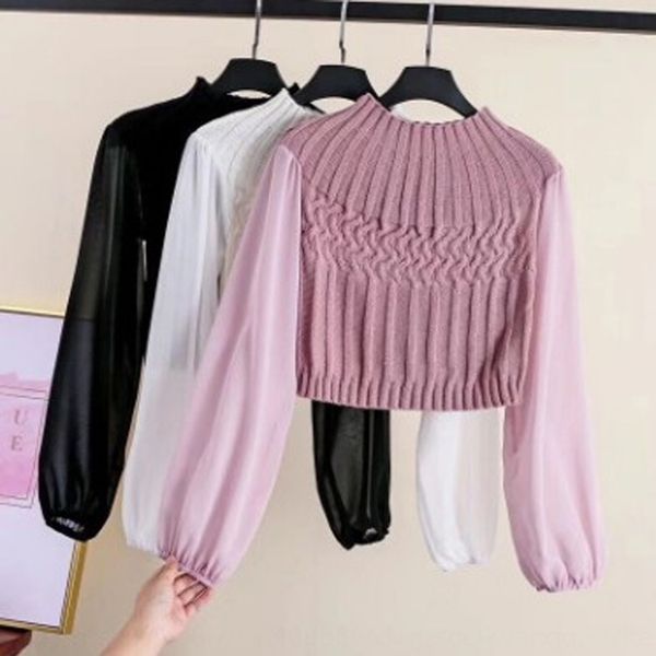 

spring 2019 new jacket jacketjacket short jacketfashion round neck lantern sleeve chiffon stitching knitted slim fit versatile short wom, White;black