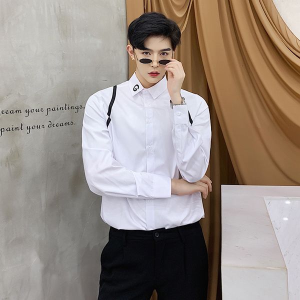 

2021 New Spring Embroidered Letter Designer Garnishing Ribbon Shirt Long Popular Korean Edition of Men's British Shirt. VAYZ, Black