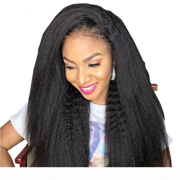 

glueless kinky straight remy brazilian human hair wigs pre-plucked hairline lace front and full lace natural color for black women, Black;brown