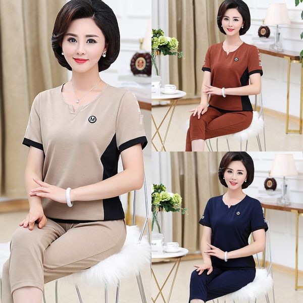 

mom's summer suit fashionable large size short sleeve color matching v-neck t-shirt middle-aged women's casual two-piece sportswea, Gray