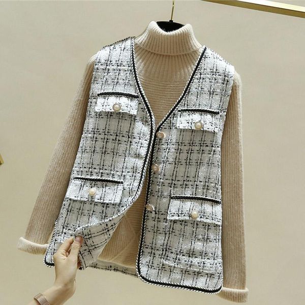 

women's vests plaid knitted vest v-neck pocket single breasted pearl patchwork female 2021 spring korean fashion ladies clothes, Black;white