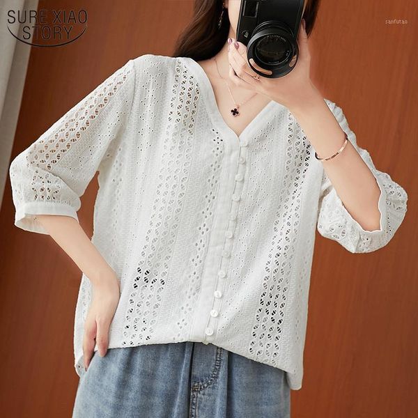 

women's shirts large size hollow out embroidered v neck pure cotton blouse woman loose slim cardigan solid shirt 102241, White