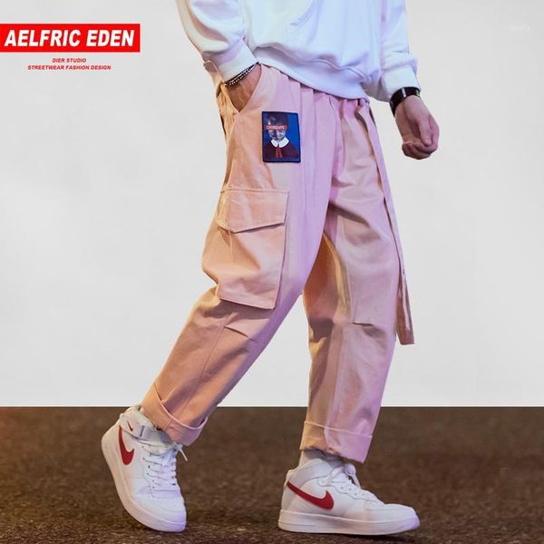 

aelfric eden men joggers hip hop harem streetwear pants ribbons letter embroidery casual trousers popular pink cargo pants ur451, Black