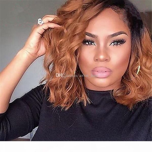 

150 180% density side part brown wavy bob lace wigs brazilian human hair lace front wig #1b 30 ombre full lace wigs, Black;brown