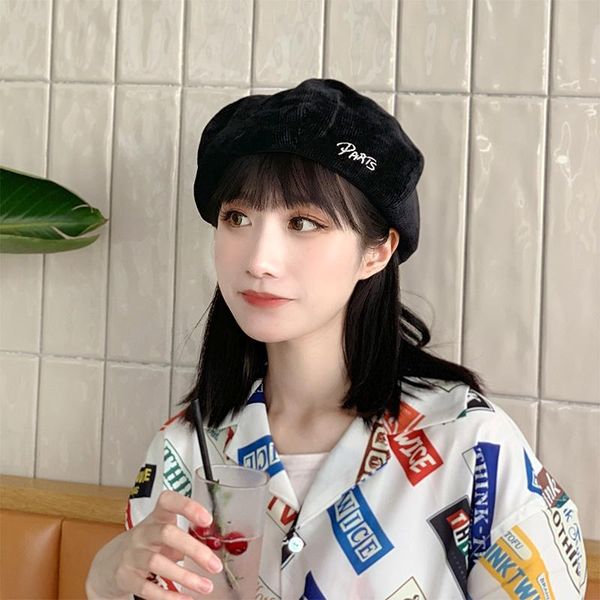 

berets h3542 women beret hat female letters embroidery warm pumpkin cap japanese spring autumn corduroy casual simple hats, Blue;gray