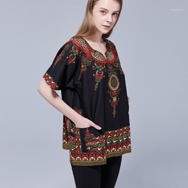 

black ethnic vintage 60s-70s tribal african dashiki print shirt cotton tribal hippie boho tunic festival1, Red