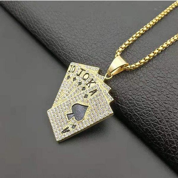 

male chain zircon collier hip hop poker card pendant necklace rock jewelry bling bling playing card straight flush necklace men, Silver