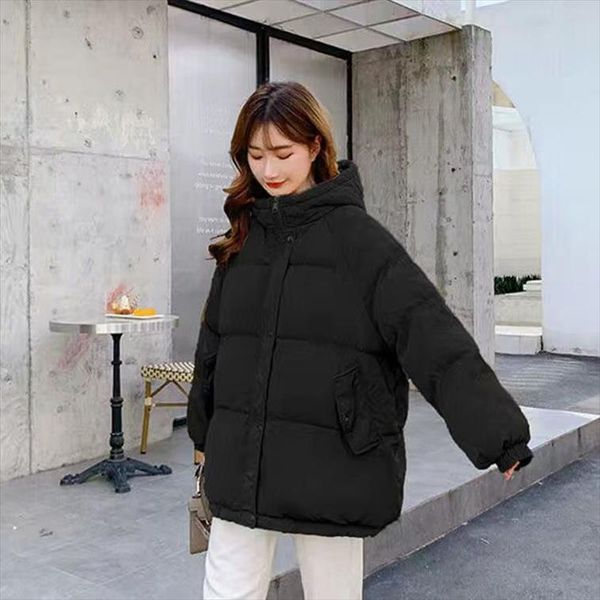 

women winter autumn jacket cotton padded hooded oversized loose female thick coat short solid casual womens parkas, Black