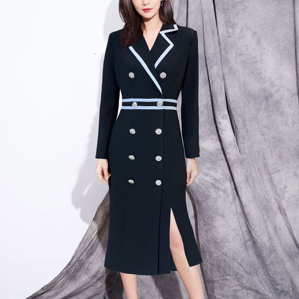 

2021 new autumn v-neck long double breasted thin elegant fit mid-length black dress high-quality ladies'fashionable 9400, Black;gray