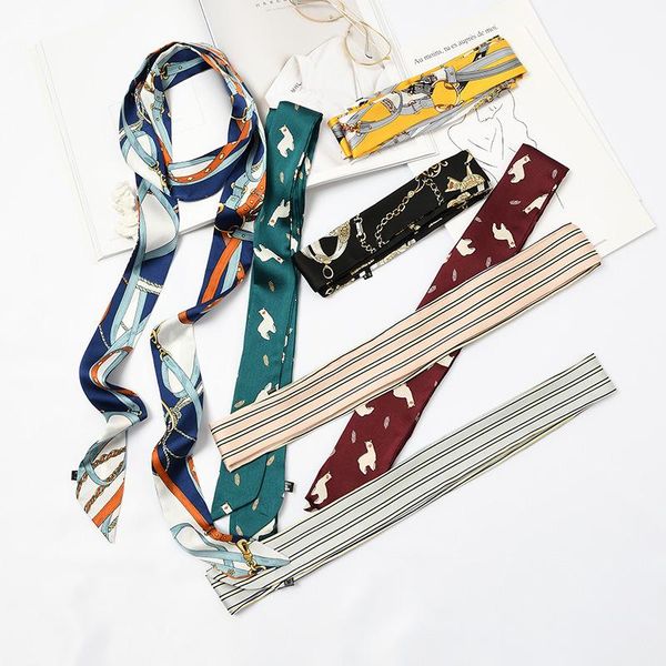 

scarves 5x195cm designer korean jersey scarf slender narrow silk printed small women imitation girl, Blue;gray