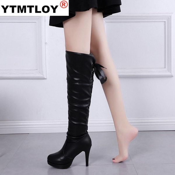 

2020 autumn winter new arrivals women over the knee boots lace up high heels shoes woman female bota feminina snow boots, Black