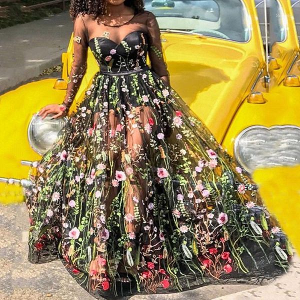 

floral print long dress women long sleeve black mesh see through boho plus size party maxi dresses 2xl dinner vestidos robe1, Black;gray