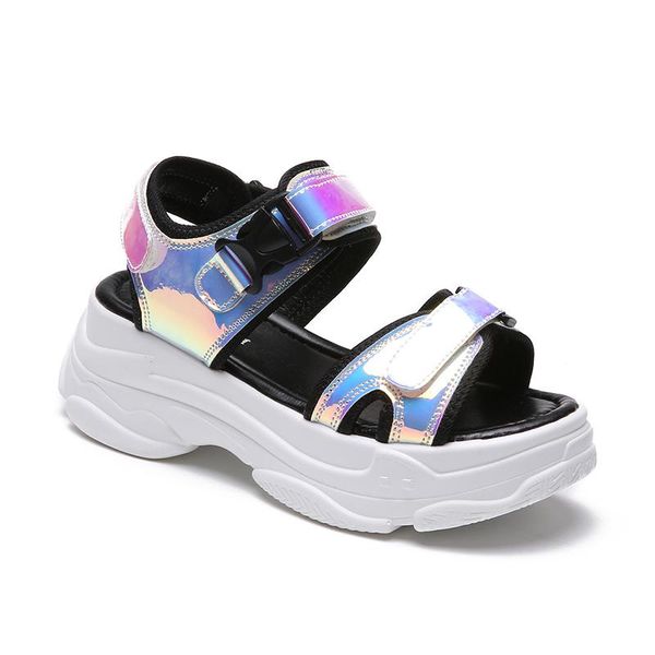 

2020 summer new ladies sandals thick bottom wild korean sequins muffin bottom increased casual student beach shoes, Black
