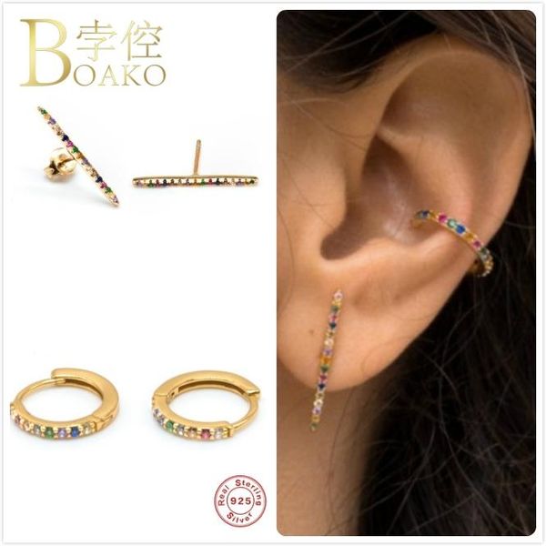 

925 sterling silver earrings for women colorful zircon ear bone earring girl rainbow crystal earrings female piercing aretes z5, Golden;silver