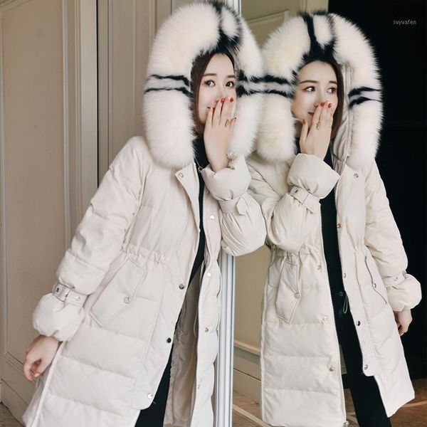 

winter 2020 new down jacket feminine style korean thickened hooded coat medium length white duck down warm coat1, Black