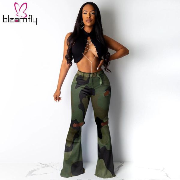 

camouflage flare pants for women high waist hole skinny trousers streetwear high elastic casual vintage plus size joggers1, Black;white