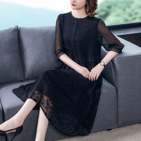 

5525 embroidered dress long skirt dress women silk imitation silk 2020 summer new young mother black mid long skirt vkqjt, Black;gray