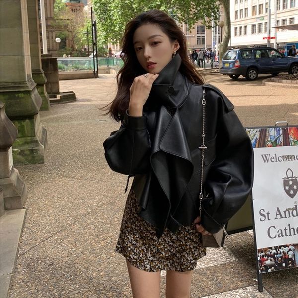 

nerazzurri spring black leather jacket women oversized pu leather new fashion women jackets plus size faux leather coat 6xl 210201