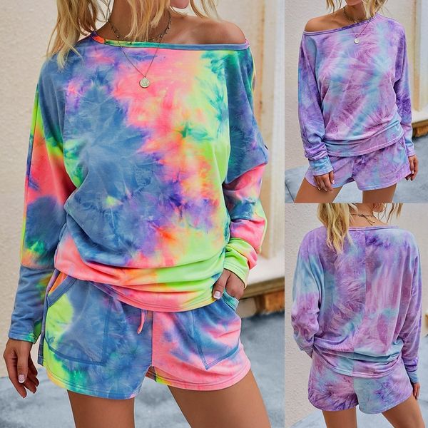 

kuqtw 2020 new women's home wear two-piece set summer tie-dyed printed suit printed women's new home wear two-piece set summer tie, Gray