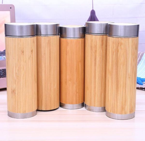 Bambus-Edelstahl-Wasserflasche, vakuumisoliert, Kaffee-Reise-Vakuumbecher mit Tee-Ei, Sieb, 450 ml, Großhandel