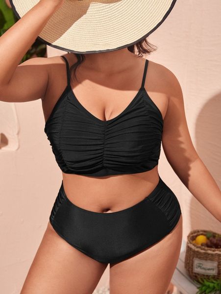 

plus solid ruched bikini swimsuit o2ud#, Black