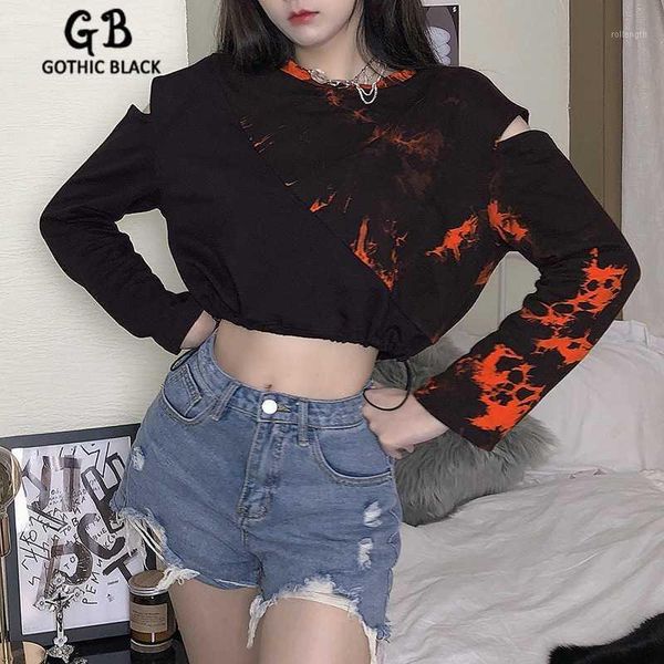 

gothblack streetwear tie dye loose long sleeve hollow out crop women o neck patchwork drawstring tshirt autumn fashion 1, White