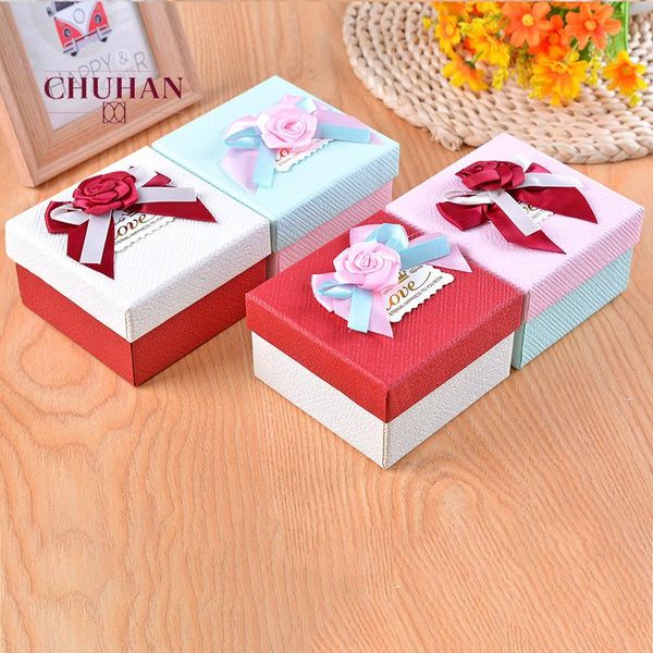 

chuhan jewelry boxes paper pink white color ribbon bowknot for gift present ring earring packing display box j306, Pink;blue