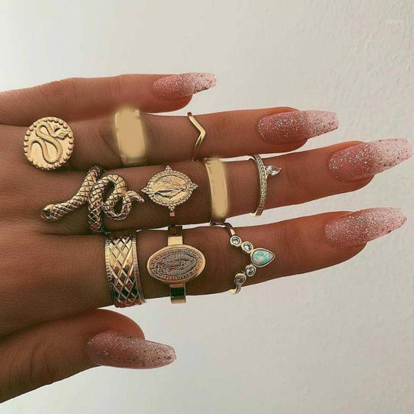 

10 pcs/set vintage jesus snake shape animals rings set gold crystal joint midi kunckle ring wedding party jewelry accessories1, Golden;silver