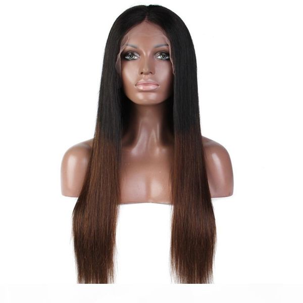 

dark brwon ombre lace front human hair wig straight virgin malaysian pre plucked human hair full lace wig two tone #1b #4, Black;brown