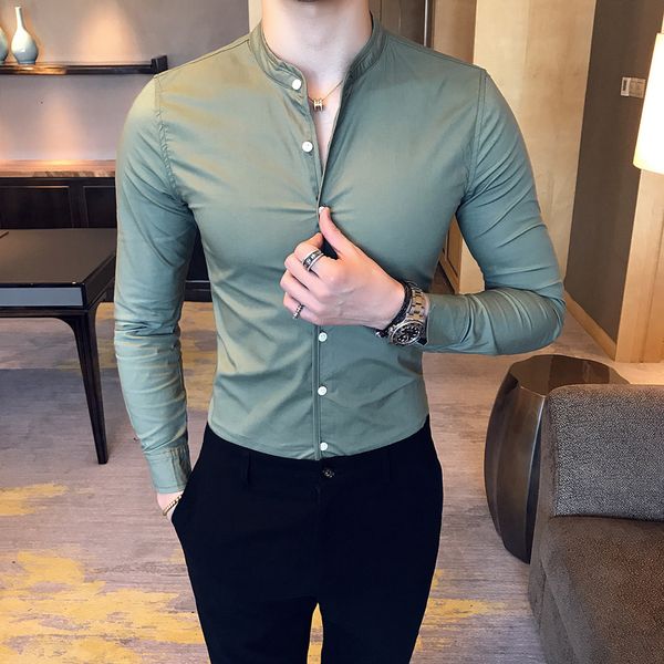 

2021 new men's fashion boutique cotton solid color collar casual business long-sleeved male slim high-end leisure shirts q3te, White;black