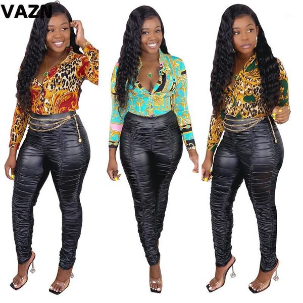 

vazn 2020 shinny women sport black color streetwear full pencil pleated pants sports pants lady high waist1, Black;white