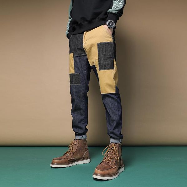

men's jeans patchwork fashion men loose straight pants streetwear contrast denim trousers, Blue