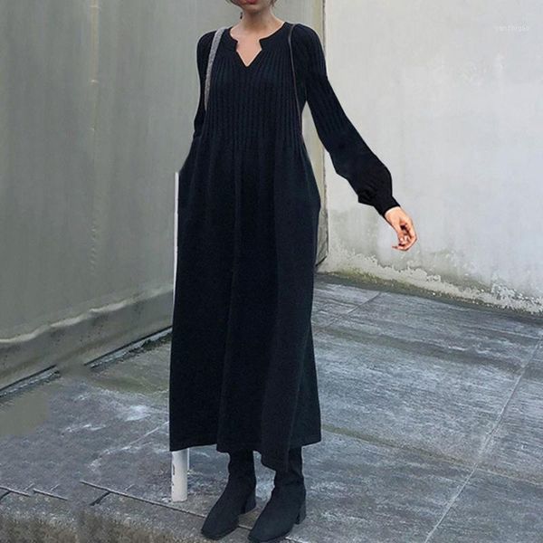 

women knitted dress autumn winter korean japanese style solid color simple casual loose lantern sleeve a-line sweater dresses1, Black;gray