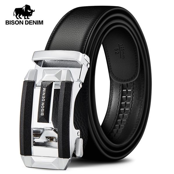 

bison denim genuine luxury leather men belt automatic alloy buckle male belt genuine cowskin leather strap w71533 y200520, Black;brown