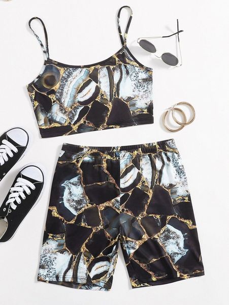 

marble print cami & biker shorts set u8v4#, White