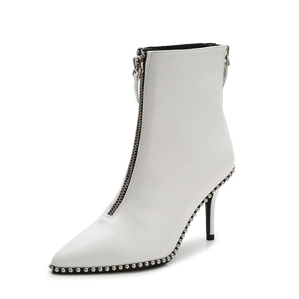 

pointed short boots women slim heels 2020 new autumn / winter high heel boots with zipper black white ankle for women
