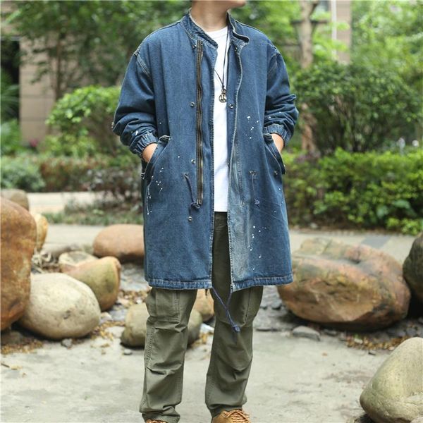 

autumn and winter m51 fishtail trench coat men's retro loose splash ink denim jacket parka coat with stand-up collar, Tan;black